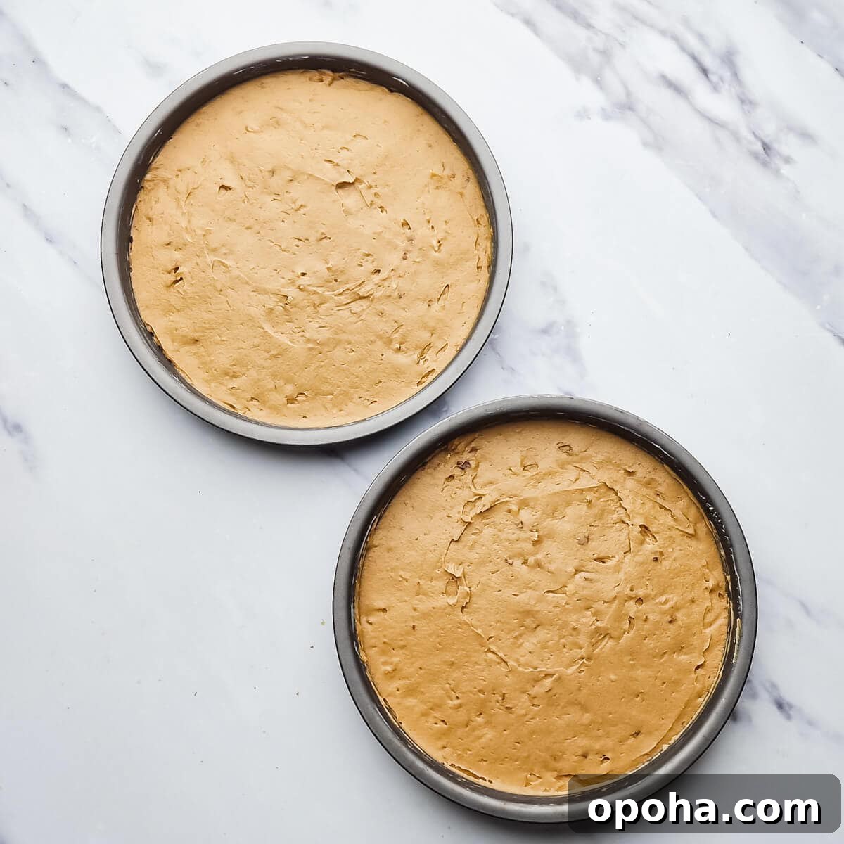 Decadent Coffee and Walnut Cake Recipe for Coffee Lovers 7 two round baking tins with cake batter inside.