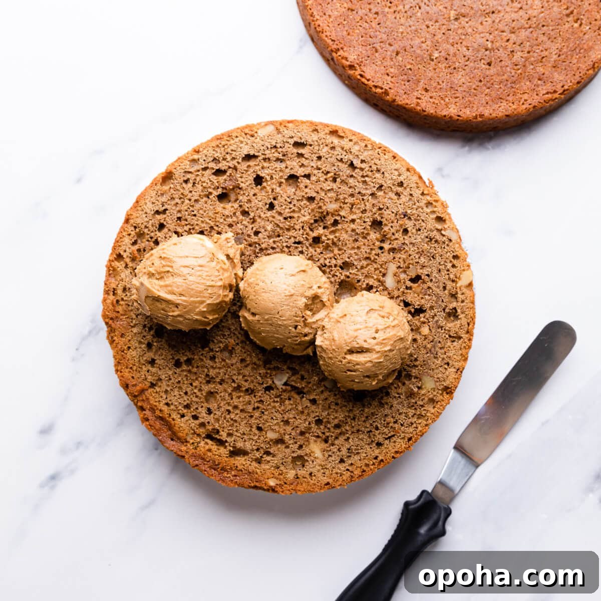 Decadent Coffee and Walnut Cake Recipe for Coffee Lovers 8 a round cake sponge with scoops of buttercream on top of it.