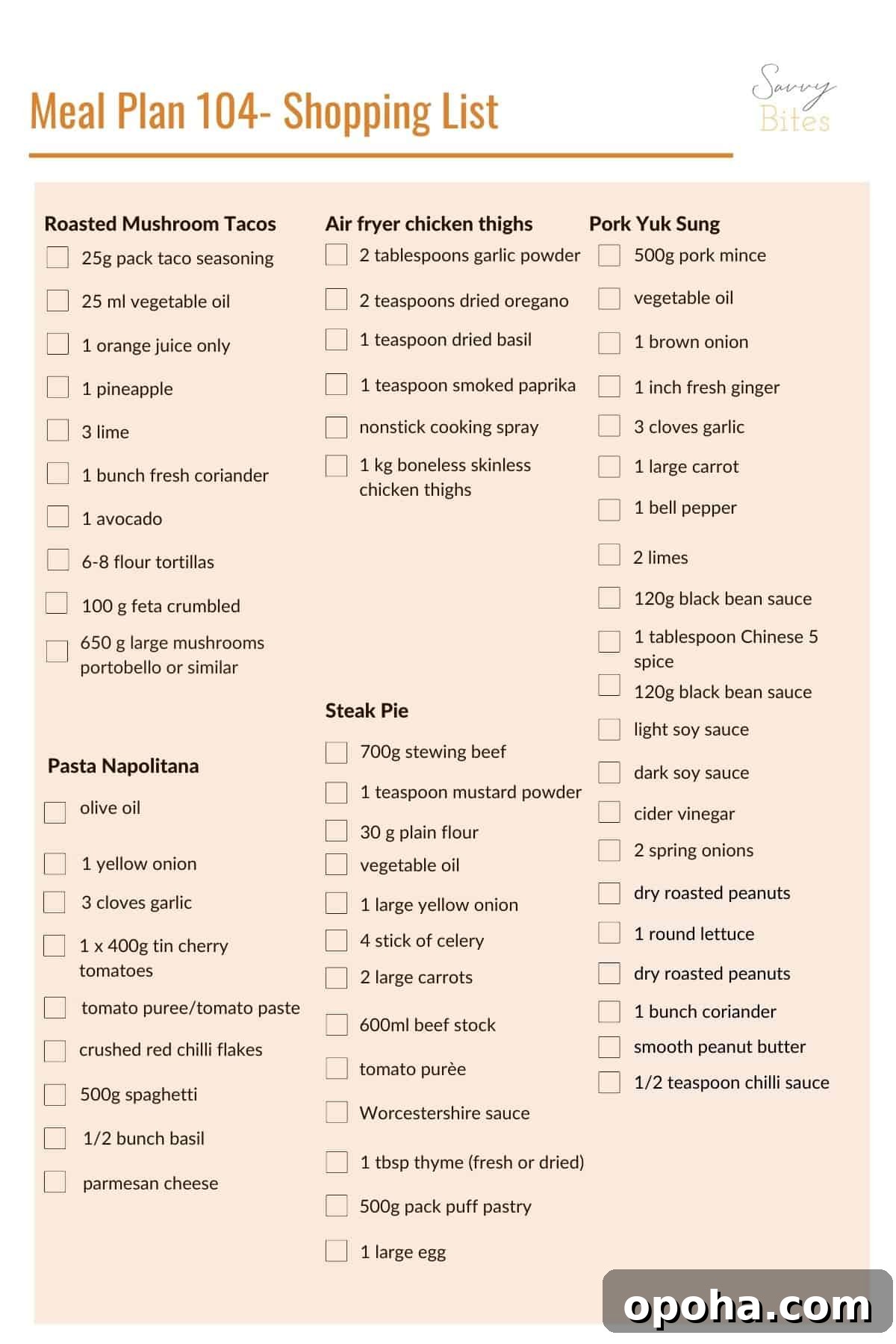 Budget meal plan shopping list.