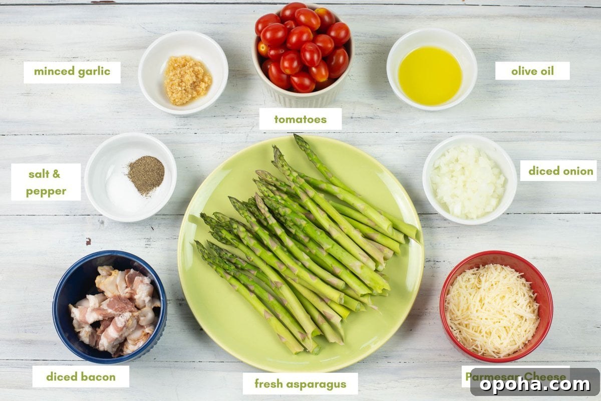 Sautéed Asparagus, Tomatoes & Bacon Skillet Recipe 4 Sautéed Asparagus and tomatoes ingredients in bowls.