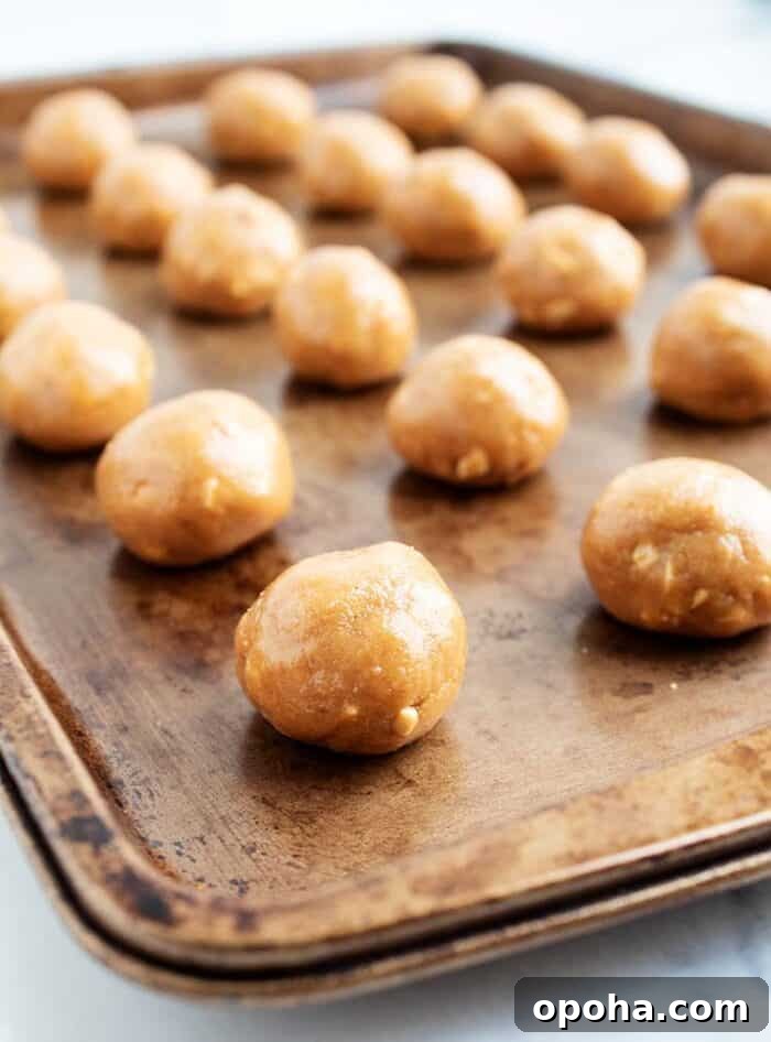 Keto Pumpkin Chocolate Chip Cookie Recipe for Fall Treats 19 3 ingredient peanut butter balls lined up on a baking tray