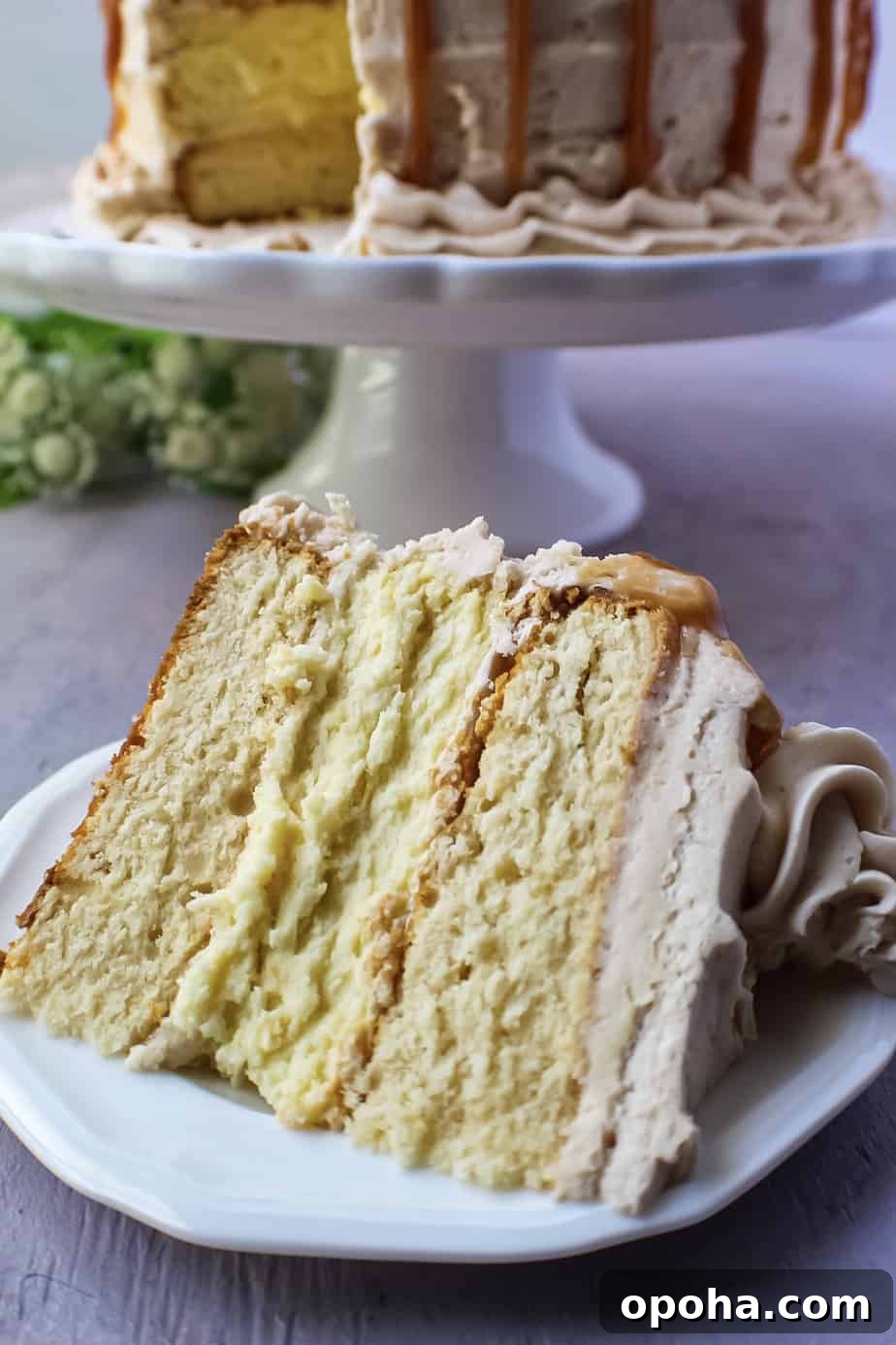 close up of slice of caramel cheesecake layer cake