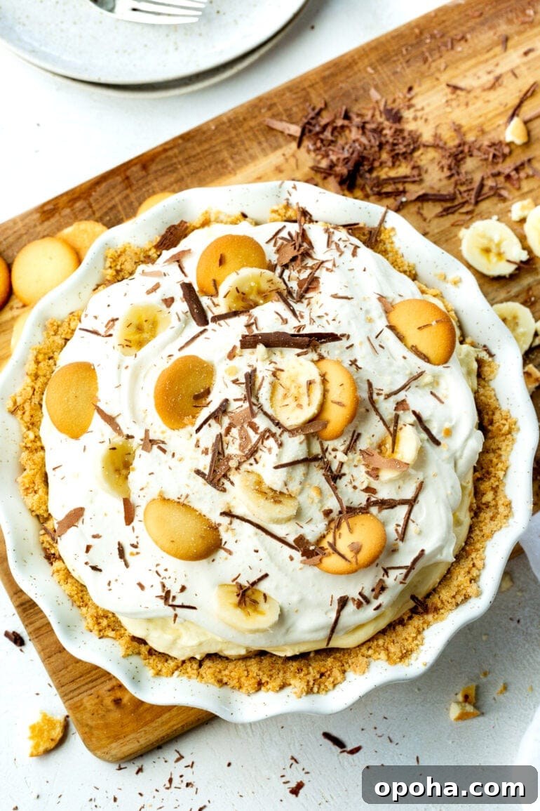 Nilla Wafer Banana Pudding Pie Recipe with Creamy Filling 3 a photo taken over the top of a banana pudding pie topped with whipped cream, whole Nilla wafers and shaved chocolate