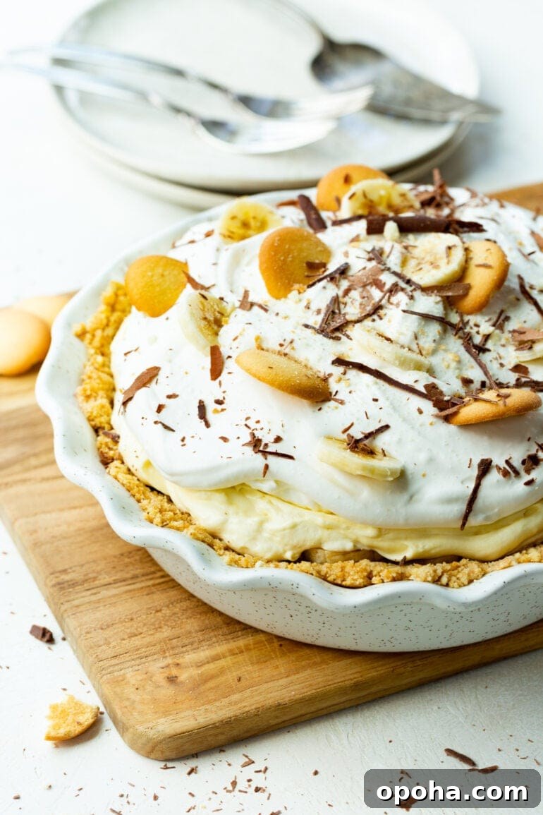 Nilla Wafer Banana Pudding Pie Recipe with Creamy Filling 10 a photo of a whole banana pudding pie in a white pie dish topped with whipped cream, banana slices, nilla wafers and shaved chocolate