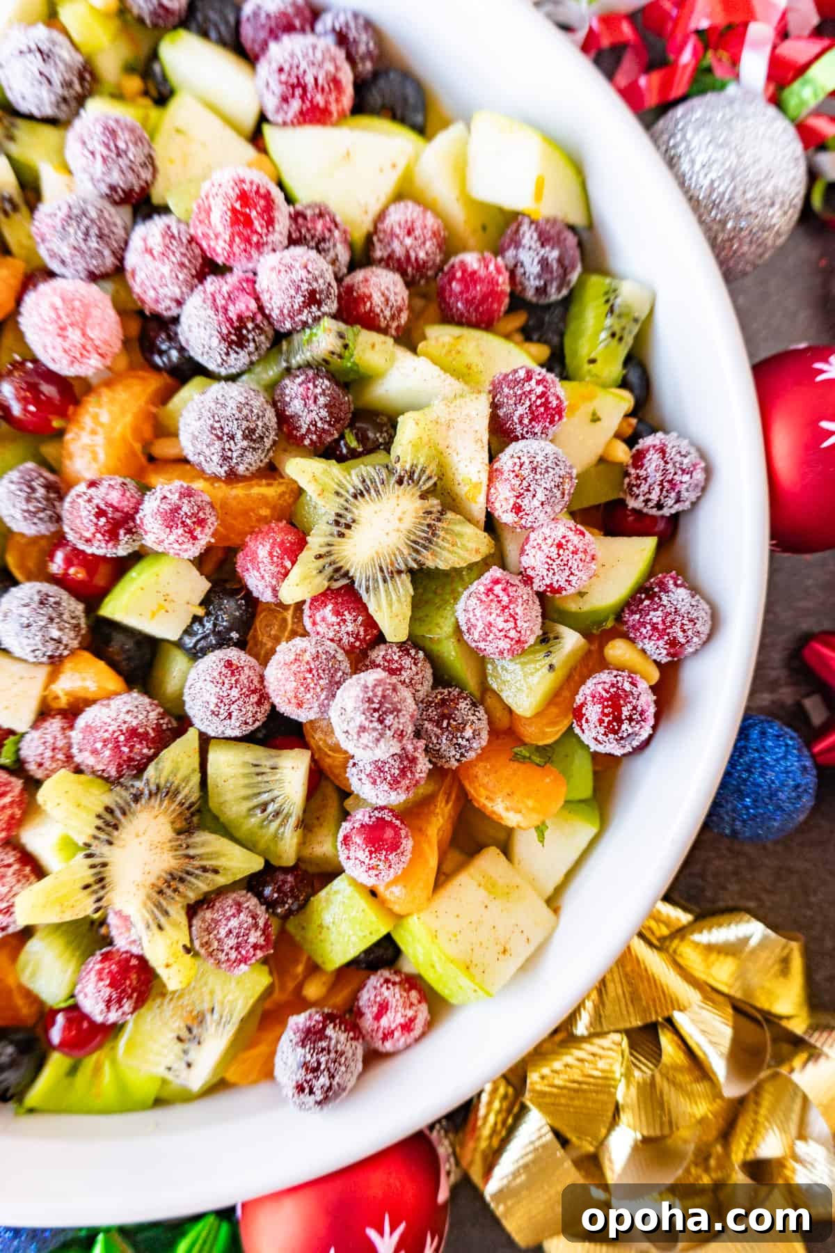 Festive Christmas Fruit Salad with Citrus Pomegranate Dressing 2 Christmas fruit salad in white shallow round bowl with Christmas decorations around it. Star cut kiwis and sugar rolled candied cranberries make this extra festive.