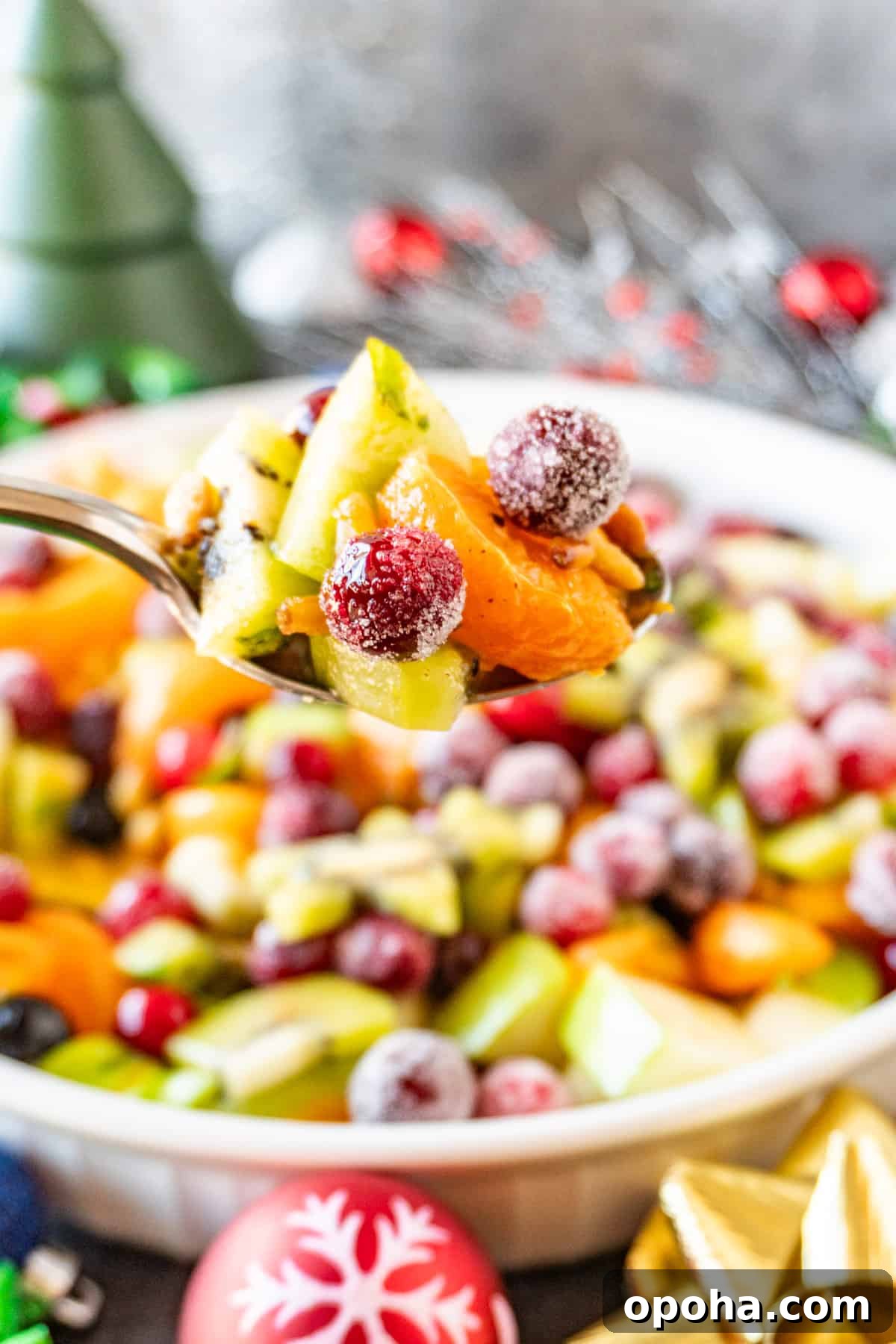 Festive Christmas Fruit Salad with Citrus Pomegranate Dressing 3 A spoonful of Christmas fruit salad with remaining fruit salad in white bowl in background.