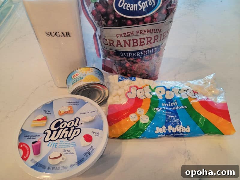 Cranberry Fluff Salad ingredients, sugar, fresh cranberries, cool whip, pineapple chunks, and mini marshmallows on a white counter