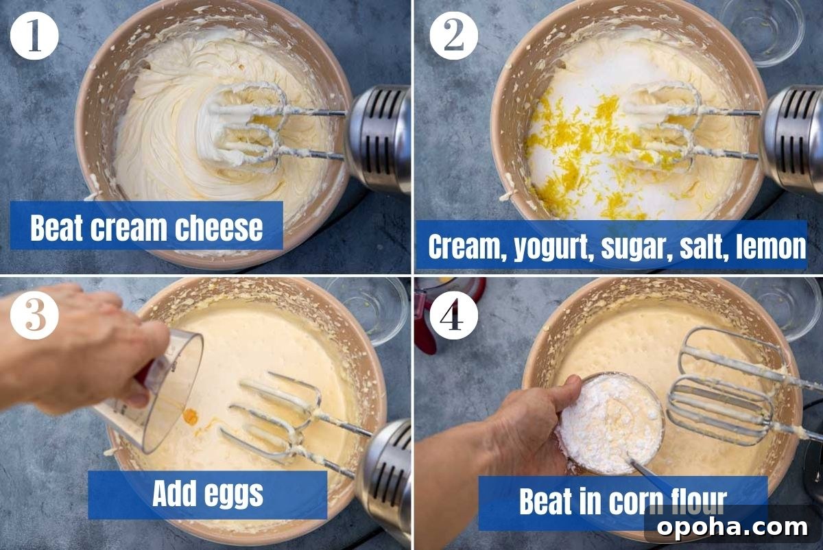 Basque Cheesecake with Greek Yogurt: Creamy Burnt-Surface Recipe 4 collage of 4 images showing how to mix the ingredients together to make a San Sebastian or burnt basque cheesecake