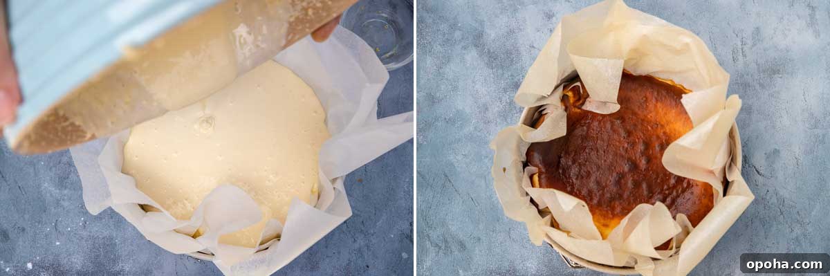 Basque Cheesecake with Greek Yogurt: Creamy Burnt-Surface Recipe 5 collage of 2 photos showing a San Sebastian cheesecake in the pan raw before baking and dark golden after baking