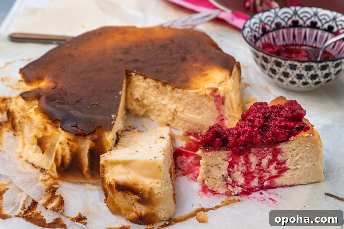 Basque Cheesecake with Greek Yogurt: Creamy Burnt-Surface Recipe 6 San Sebastian cheesecake with 2 pieces cut out of it and one with raspberries piled on it