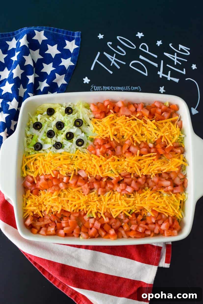 Dip decorated like an American Flag with title written on chalkboard 