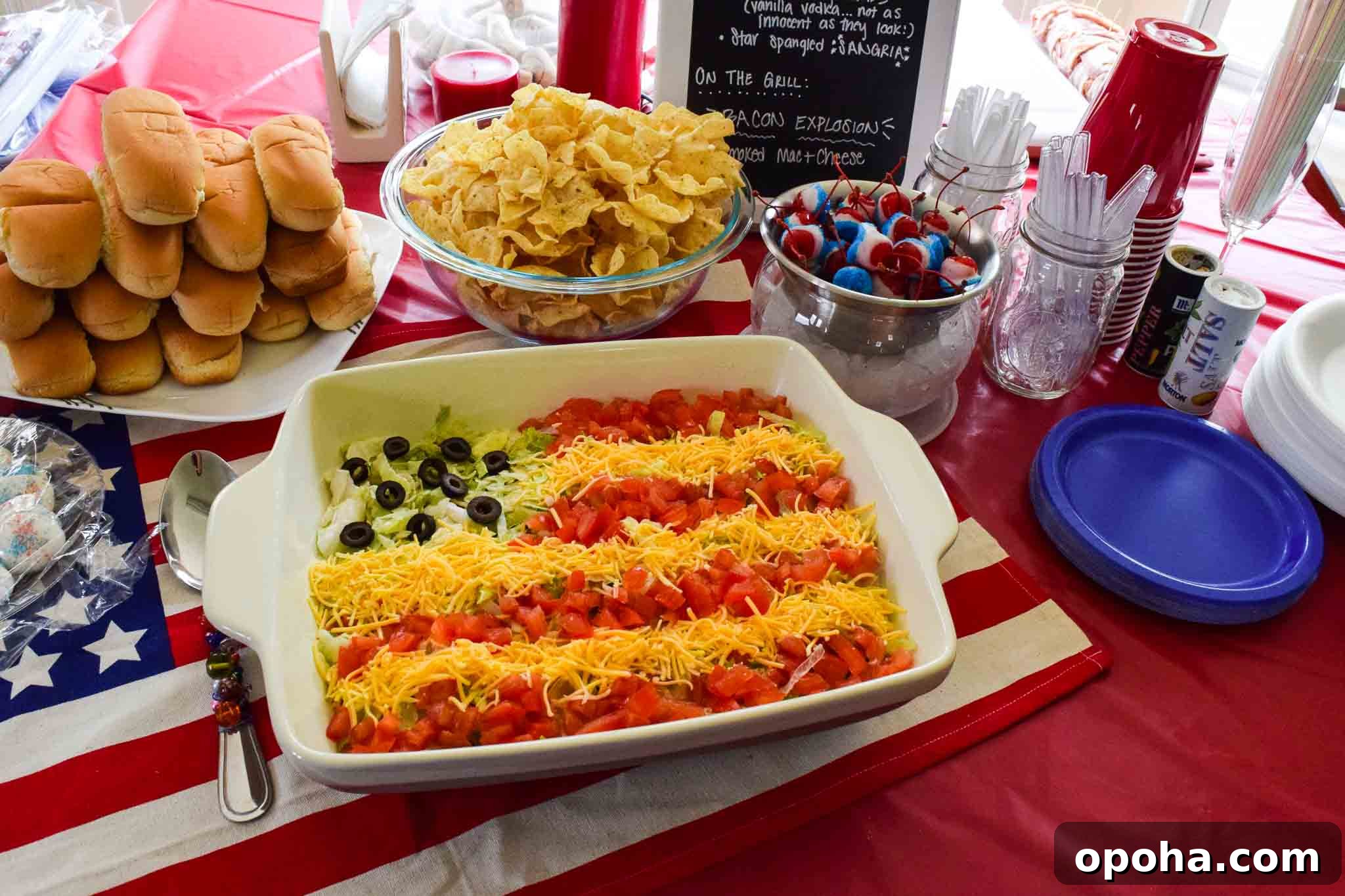 Memorial Day or July 4th party spread with flag dip hot dog buns red white and blue cherries 