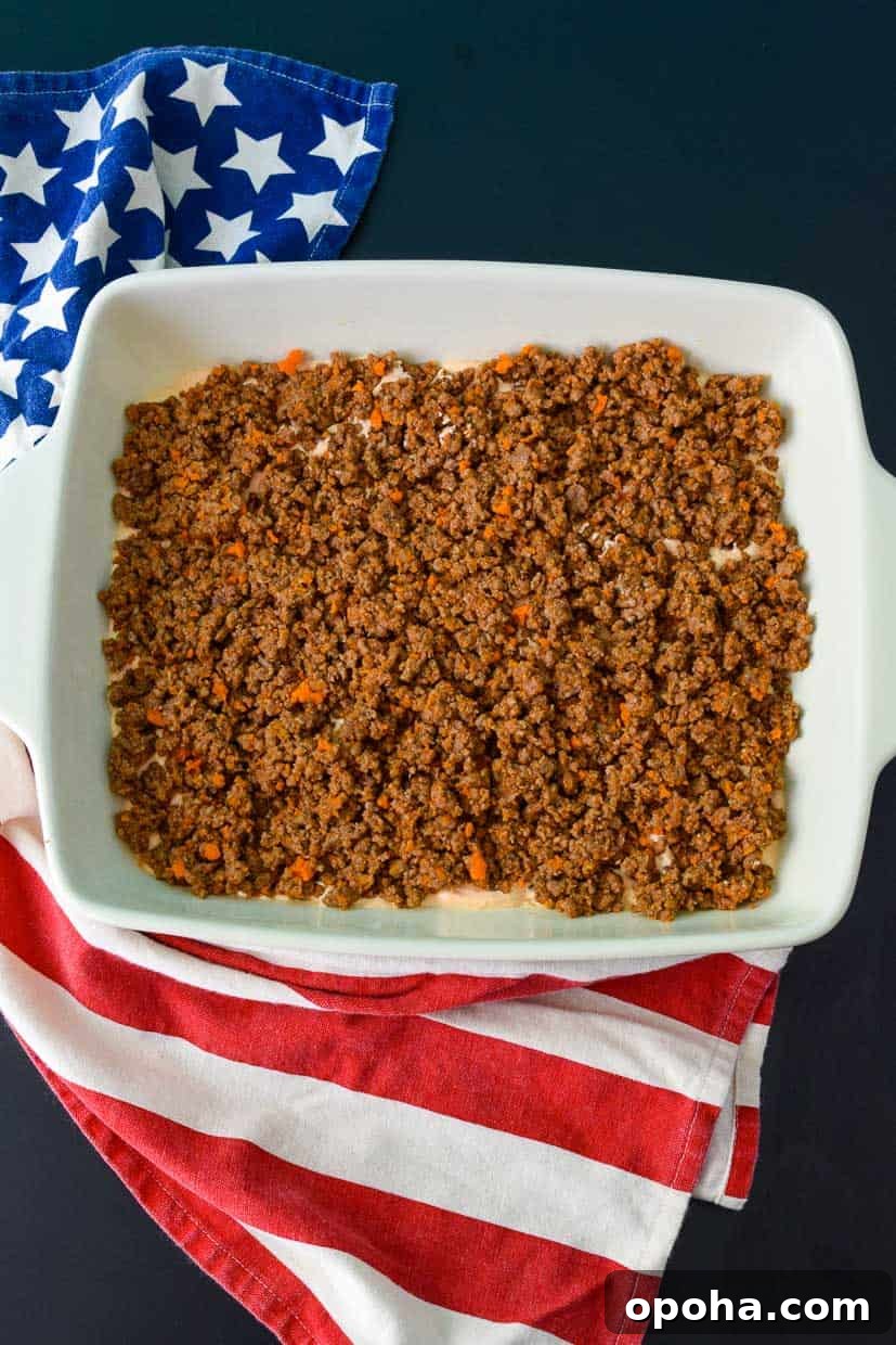 9x13 pan with ground beef overhead shot