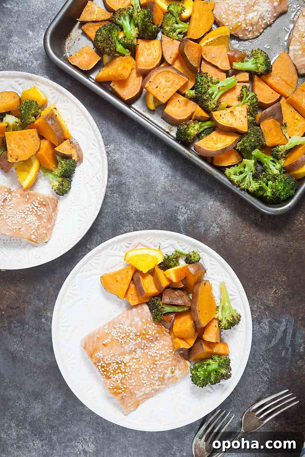30+ Sheet Pan Dinners for Busy Weeknights: Quick Family Meals 16 One Pan Orange Glazed Salmon with Sweet Potatoes and Broccoli