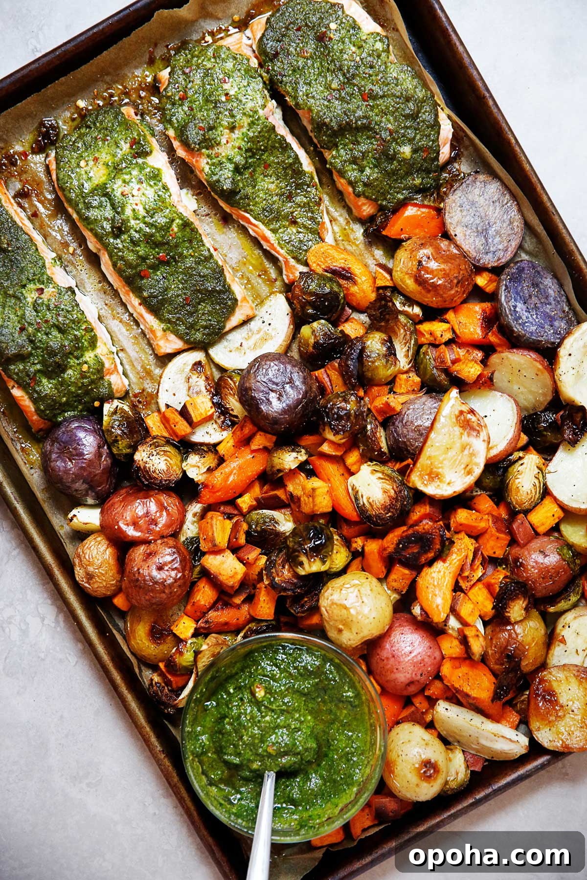 30+ Sheet Pan Dinners for Busy Weeknights: Quick Family Meals 21 Pesto salmon.