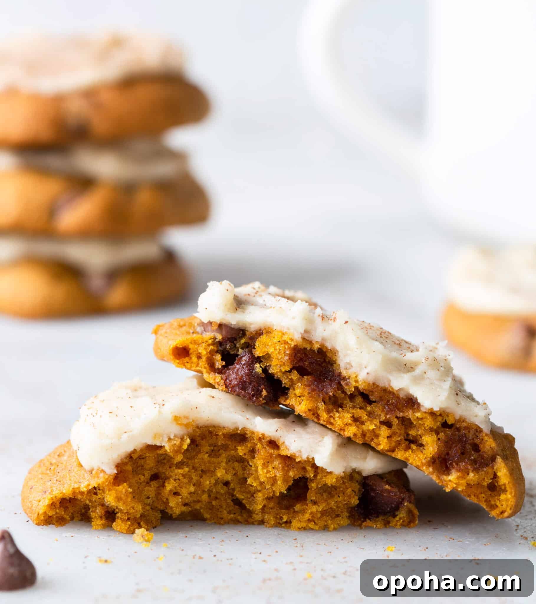 Pumpkin Chocolate Chip Cookie Recipe — Soft, Spiced & Gooey 4 chewy chocolate chip pumpkin cookies with browned butter icing close up interior.