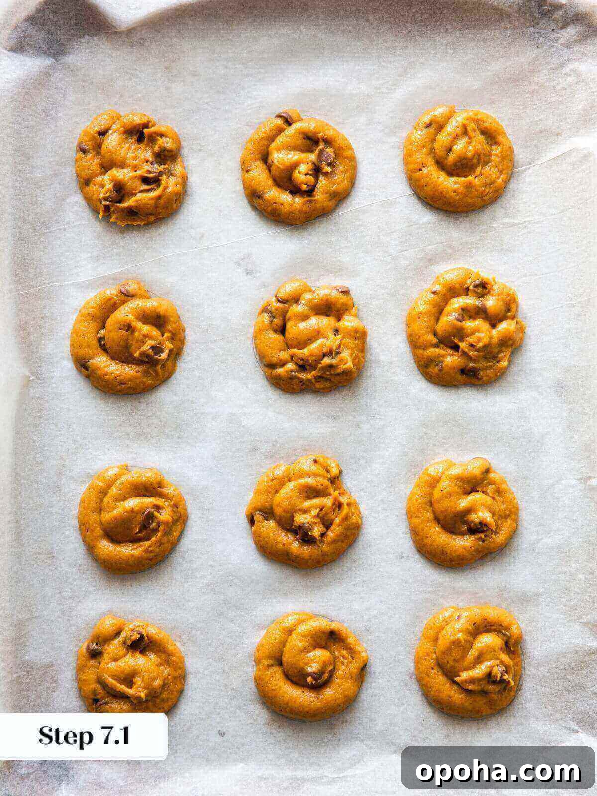 Pumpkin Chocolate Chip Cookie Recipe — Soft, Spiced & Gooey 10 Cookie dough balls of pumpkin chocolate chip cookies placed on a baking sheet before baking.