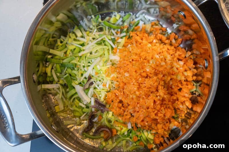 Adding the celery, carrot, leek & anchovy