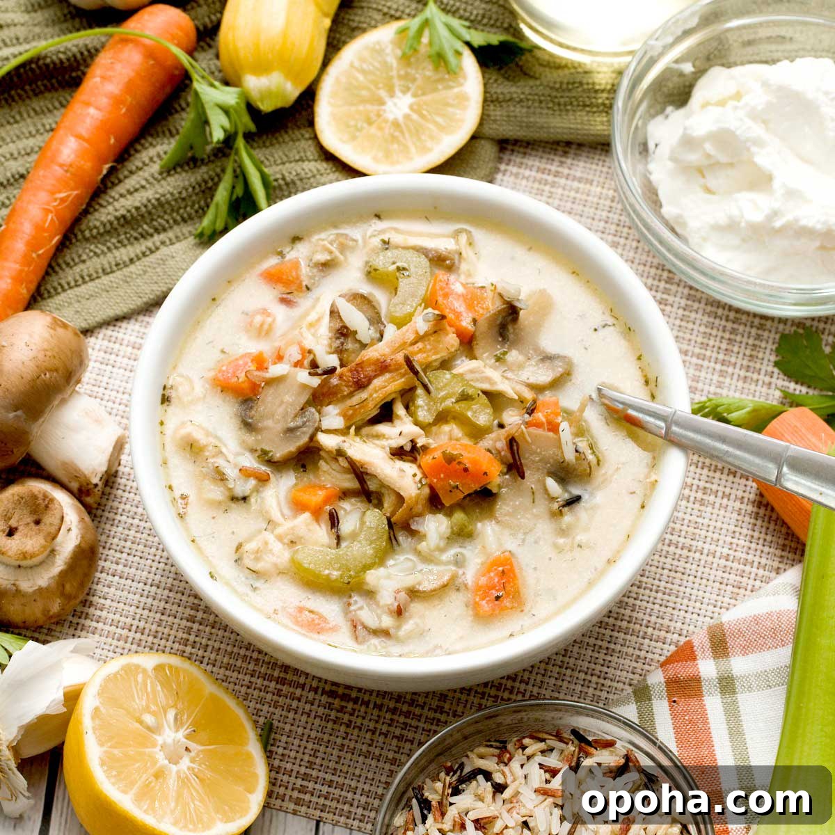 Gluten-Free Sweet and Sour Chicken Made in a HexClad Pan 12 A bowl of creamy chicken and wild rice soup without cream and with greek yogurt.