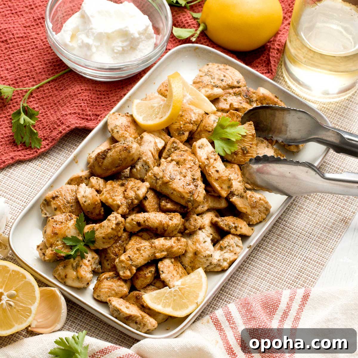 Gluten-Free Sweet and Sour Chicken Made in a HexClad Pan 13 A dish with greek yogurt marinated chicken breast diced in bite-sized pieces.