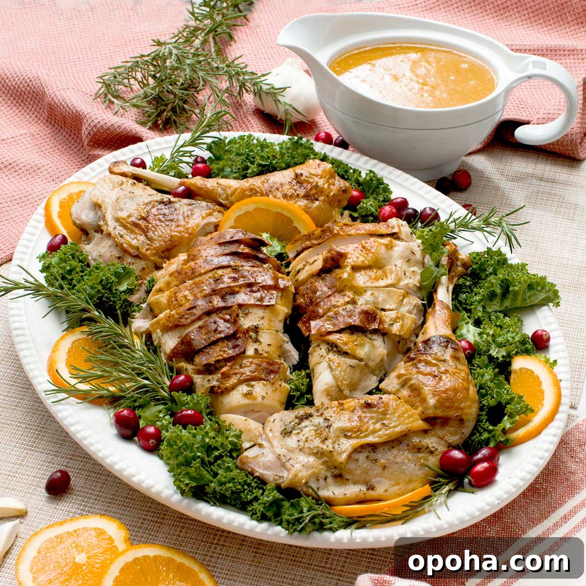 Gluten-Free Sweet and Sour Chicken Made in a HexClad Pan 15 A crispy spatchcock turkey with gluten-free gravy on a serving platter.
