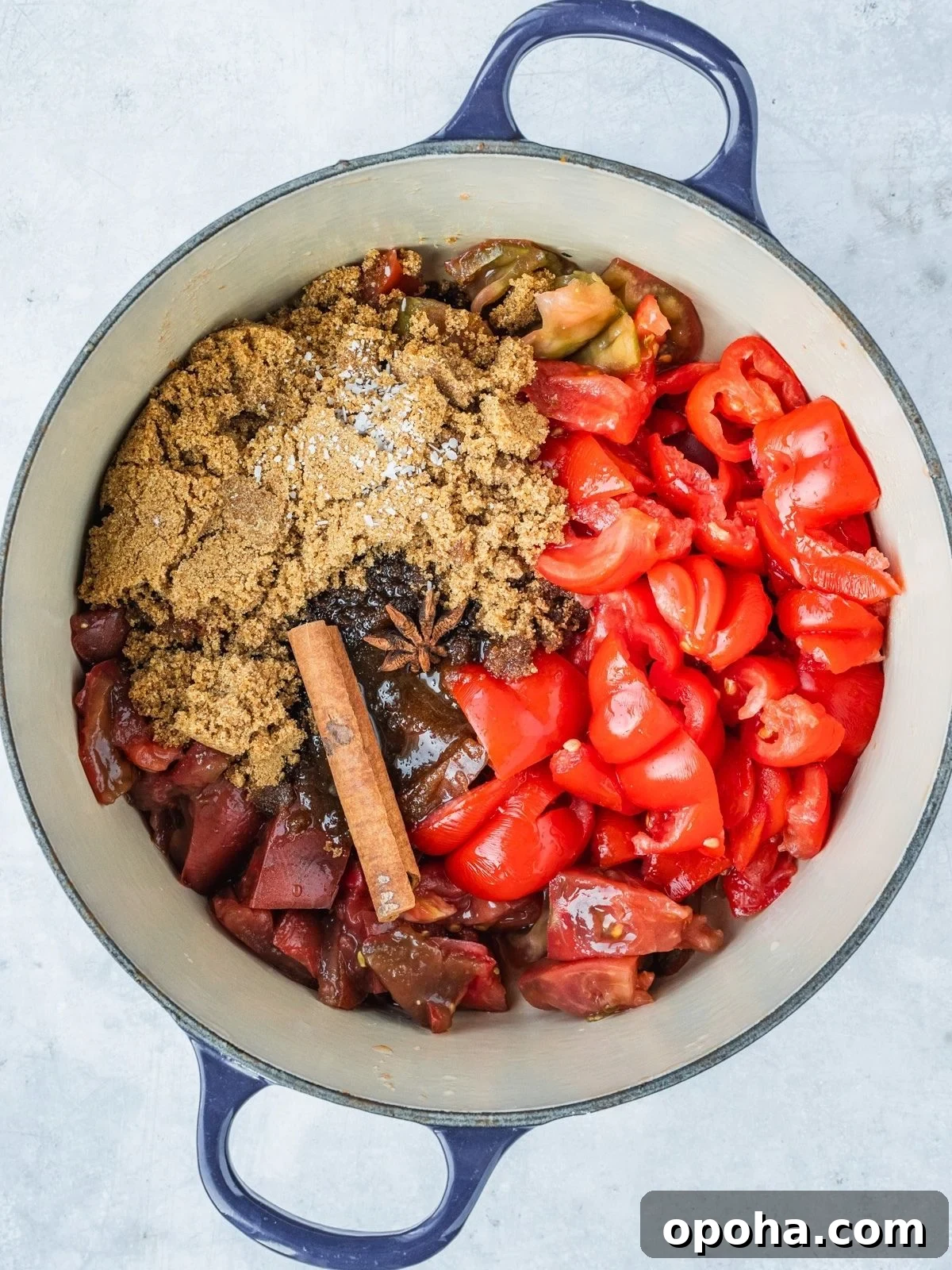 Pot with chunks of tomatoes, sugar, spices and vinegar.
