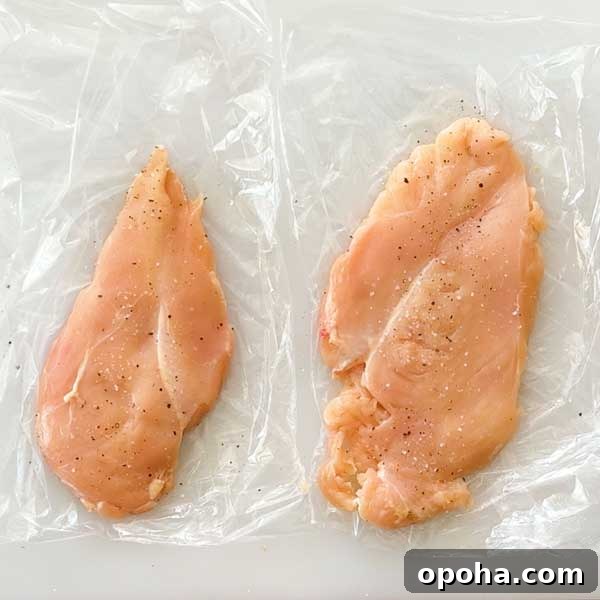 Gluten-Free Sweet and Sour Chicken Made in a HexClad Pan 6 Two pounded and salted chicken breasts on a cutting board.