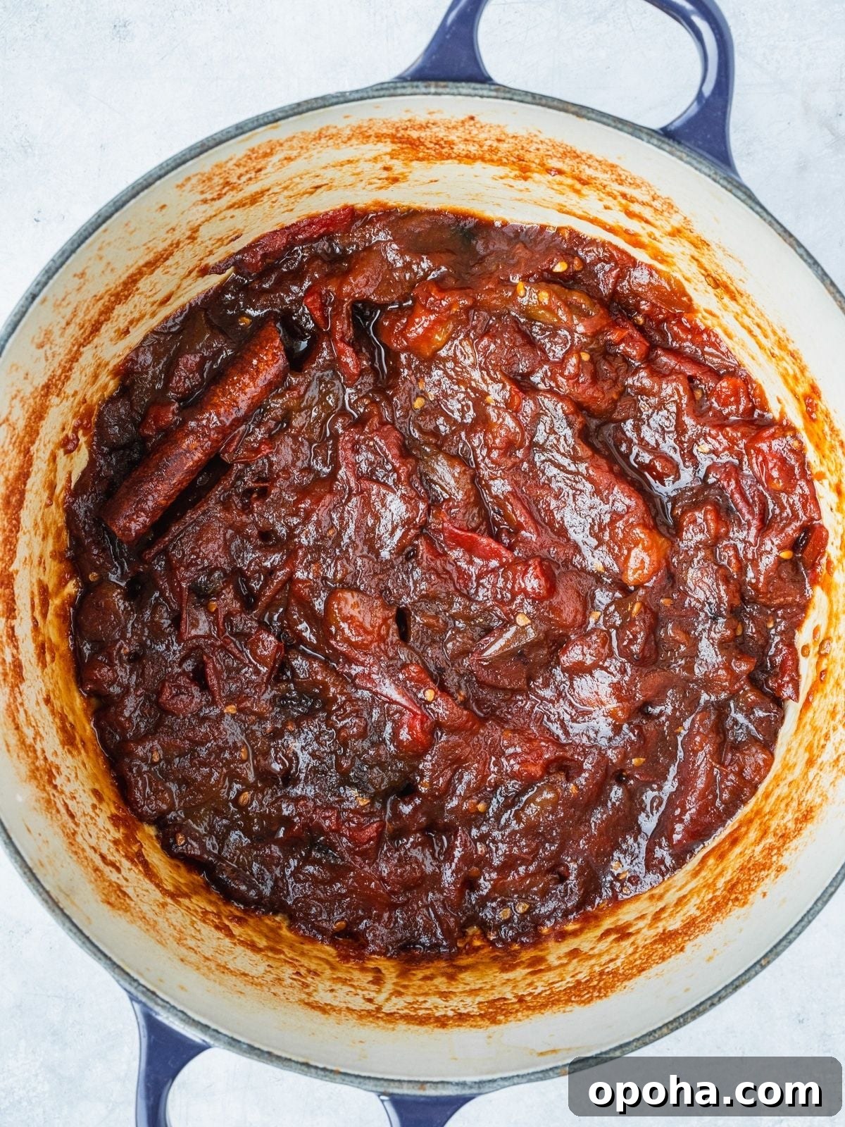 Pot with simmered down tomato jam.