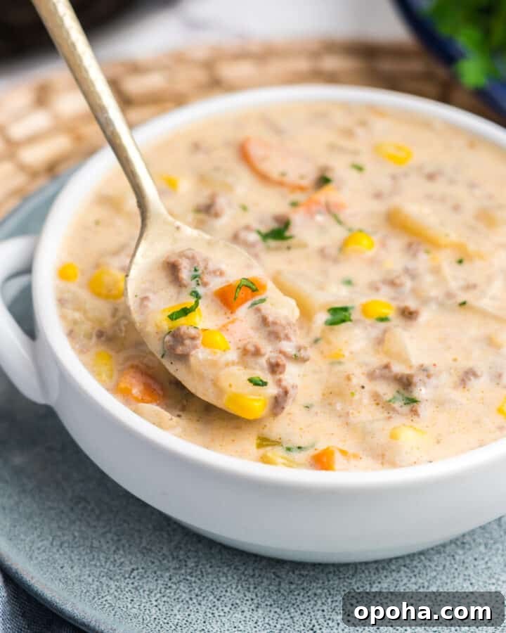 A bowl of crockpot creamy hamburger and potato soup.