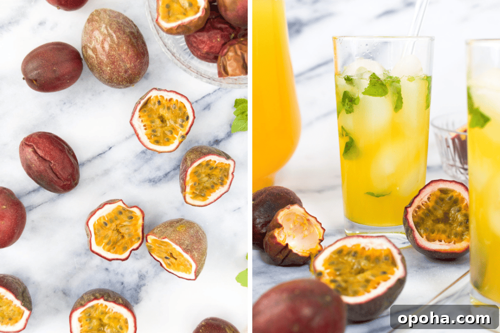 Fresh Passion Fruit Juice Recipe: Tangy Homemade Drink 3 Collage showing sliced open purple passion fruit and passion fruit juice in two cups on marble