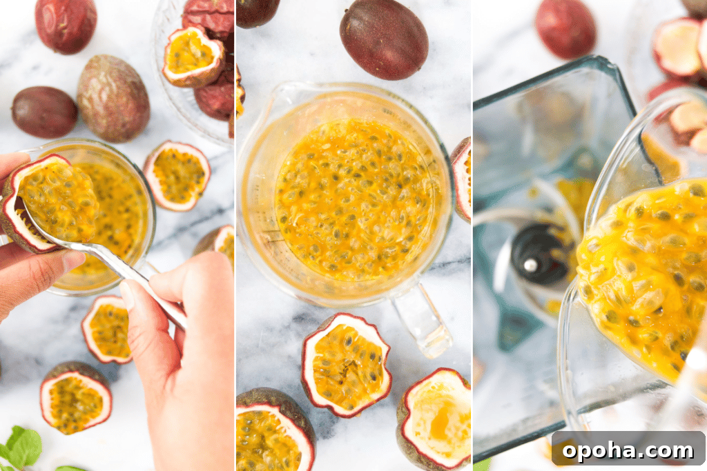 Fresh Passion Fruit Juice Recipe: Tangy Homemade Drink 4 Collage showing how to open, scoop and then blend passion fruit to make puree