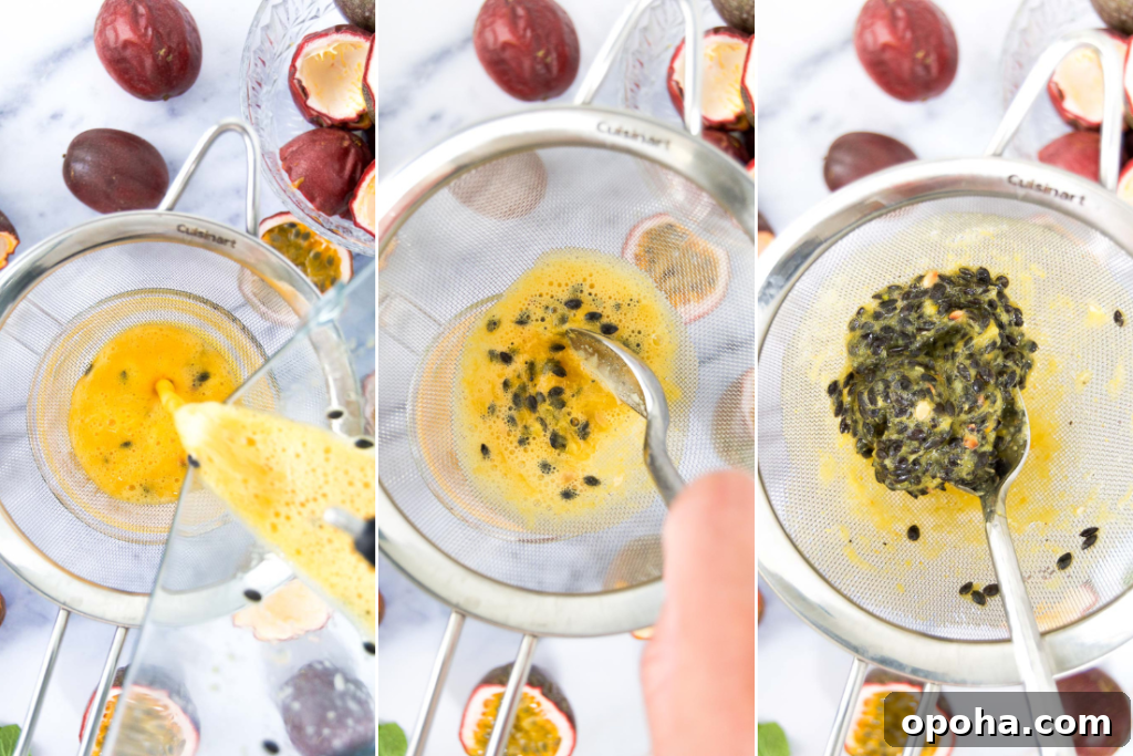 Fresh Passion Fruit Juice Recipe: Tangy Homemade Drink 5 Collage showing how to strain the seeds away from passion fruit puree