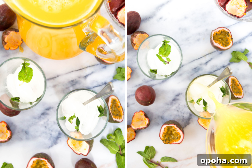 Fresh Passion Fruit Juice Recipe: Tangy Homemade Drink 7 Collage showing two images with passion fruit juice and glasses filled with ice and mint