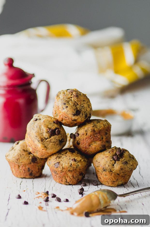 Moist Banana Chocolate Chip Muffins: Simple Homemade Recipe 2 Side view of 6 vegan peanut butter chocolate chip banana mini muffins piled