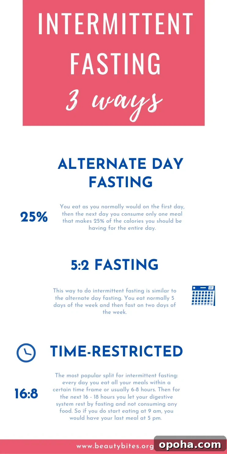 3 ways to intermittent fasting: choose the intermittent fasting schedule that is right for you! Intermittent fasting has many health benefits like improved cellular repair, weight loss and better brain and heart health, but you need to be able to stick to it long(er) term. So try it out (make sure it's safe for you first!) and see which intermittent fasting plan works best for your schedule.