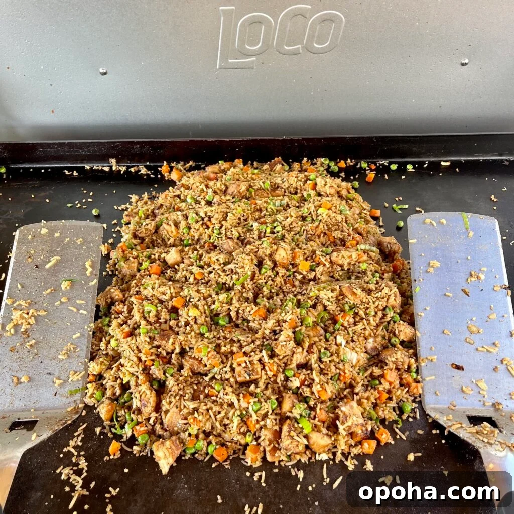 Chicken fried rice on griddle