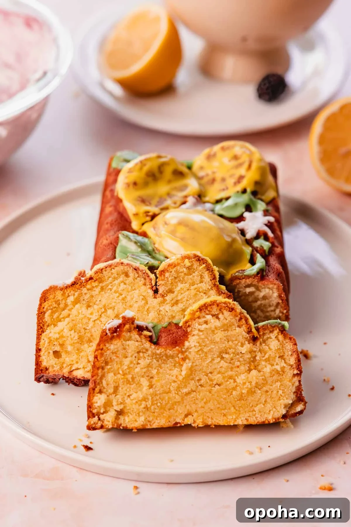 slices of moist lemon pound cake on a large plate