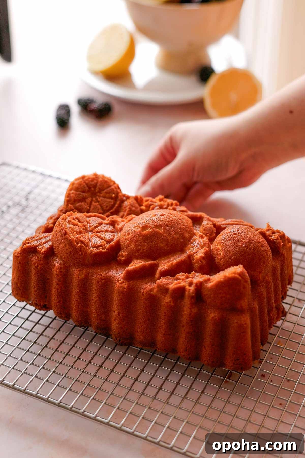 baked pound cake cooling on cooling rack