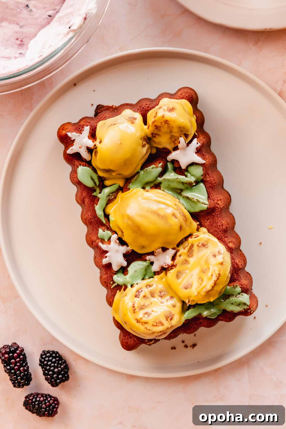 glazed lemon pound cake baked in Nordicware pan