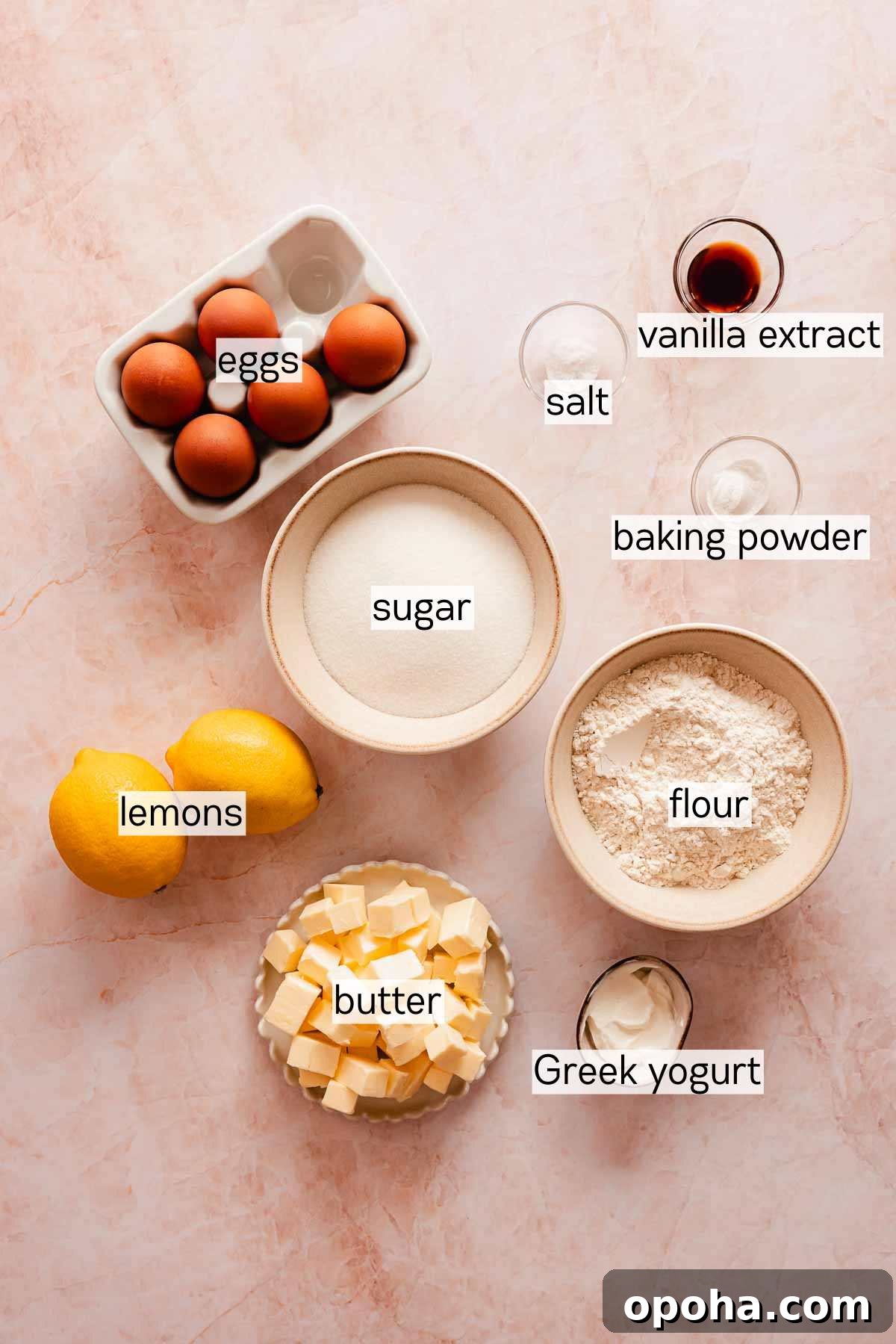 lemon pound cake ingredients in bowls