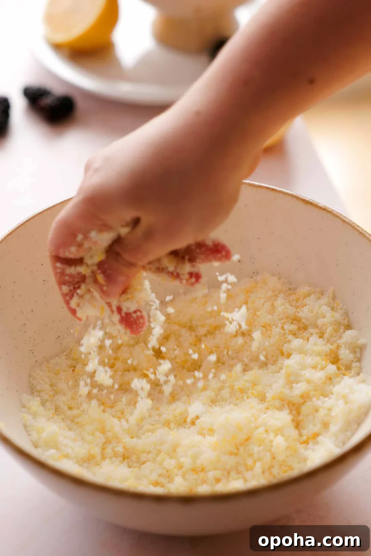 rubbing lemon zest and sugar together with fingers