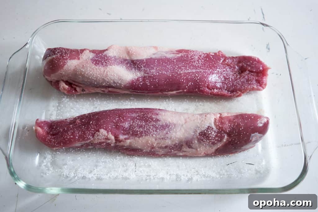 Two salted raw pork tenderloins in a glass casserole dish on a white surface.