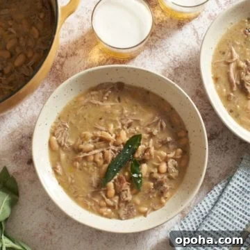 A Dutch oven and two bowls of pork stew, two glasses of beer, some fresh sage, and a blue napkin.