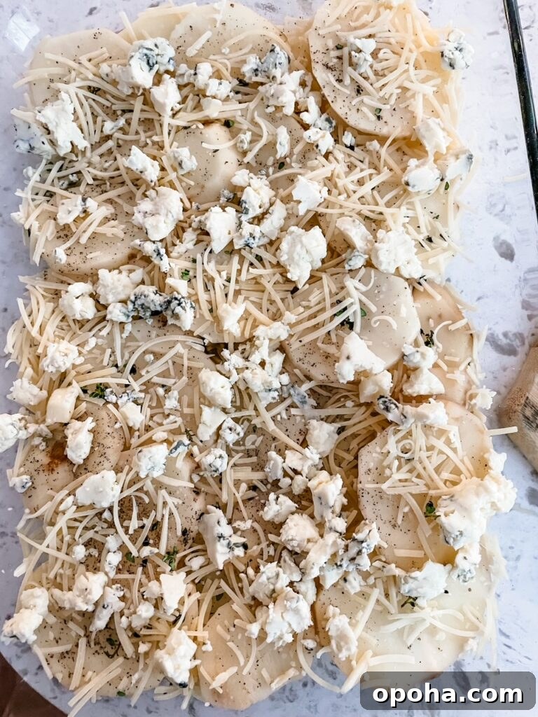 The parmesan and blue cheese in a baking dish with the Blue Cheese Potato Gratin