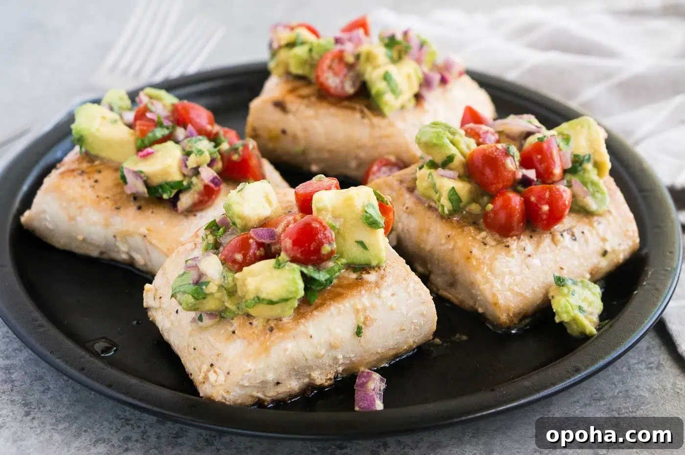 Mahi Mahi with salsa on a plate
