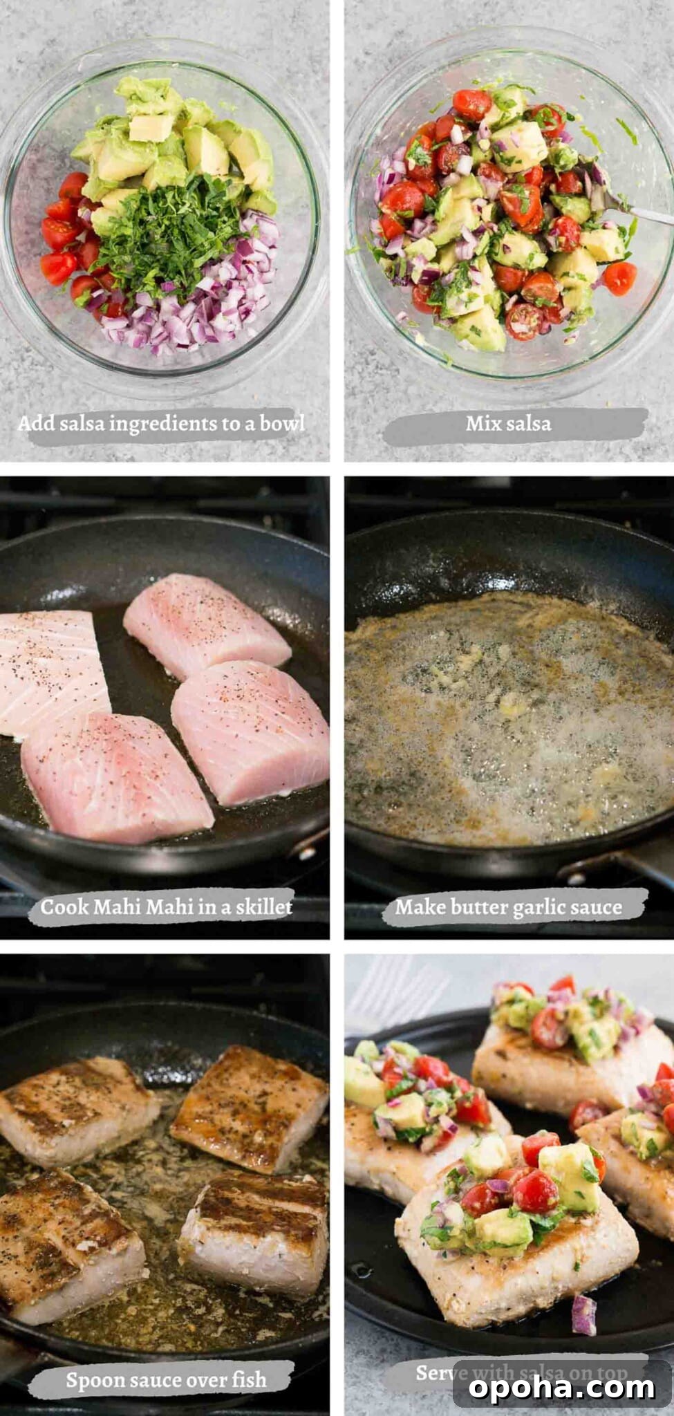 process images of mahi mahi with avocado salsa