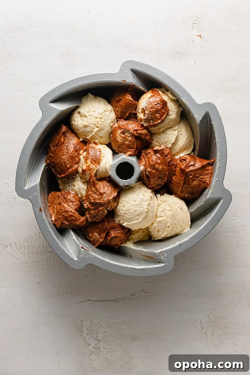 A bunt pan with marble cake batter.