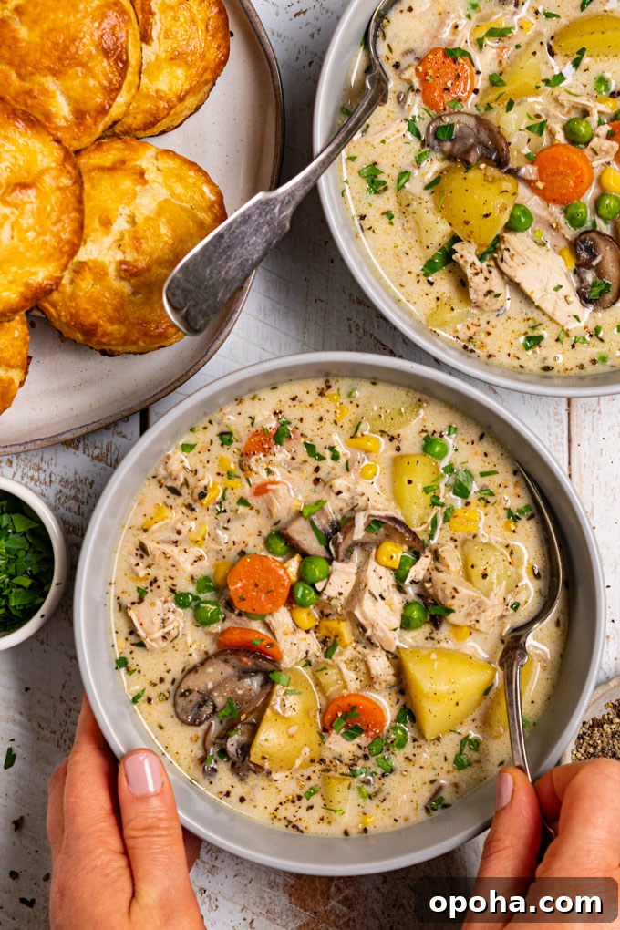 Overhead photo of chicken pot pie soup with biscuits in a gray bowl. The soup is creamy, there are chunks of potato, carrots, mushrooms, chicken, and peas in the soup. A hand is touching the left side of the bowl, along with another hand holding a spoon in the soup. Another bowl of soup is in the upper right hand corner, and a plate of biscuits is in the upper left corner. The scene has been photographed on a distressed white wood plank surface. #foodphotography