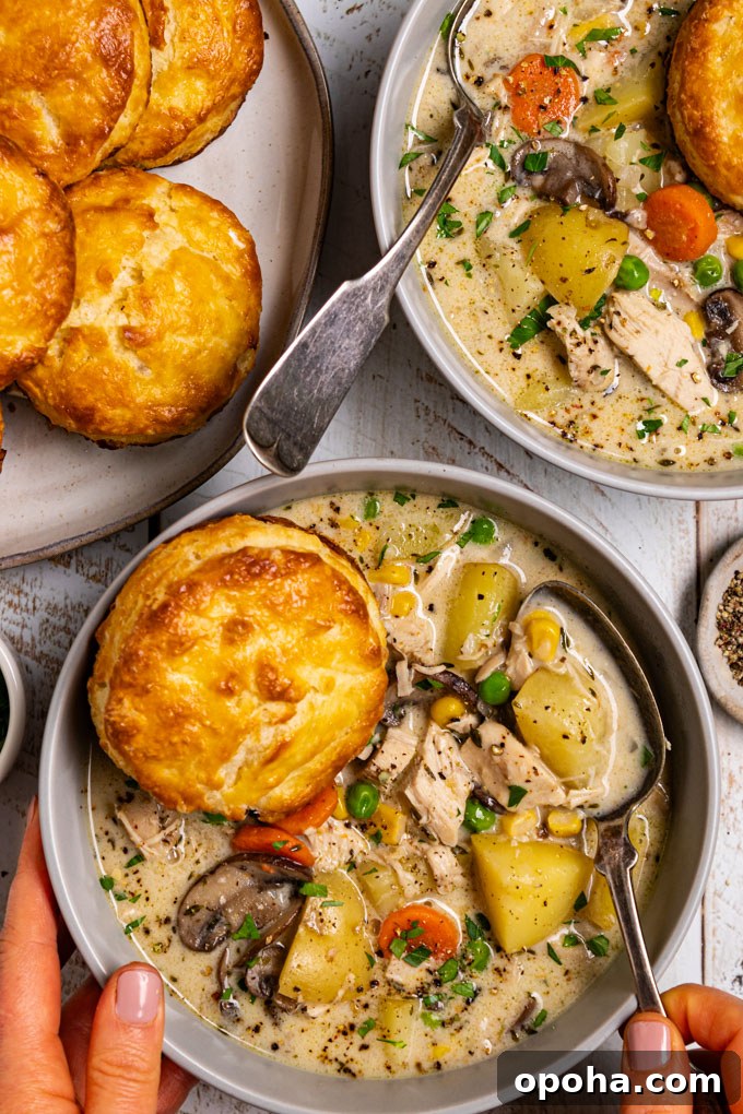 An overhead, close up photo of chicken pot pie soup with biscuits in a gray bowl. A biscuit is resting in the soup. The soup is creamy, there are chunks of potato, carrots, mushrooms, chicken, and peas in the soup. A hand is touching the left side of the bowl, along with another hand holding a spoon in the soup. Another bowl of soup is in the upper right hand corner, and a plate of biscuits is in the upper left corner. The scene has been photographed on a distressed white wood plank surface. #foodphotography