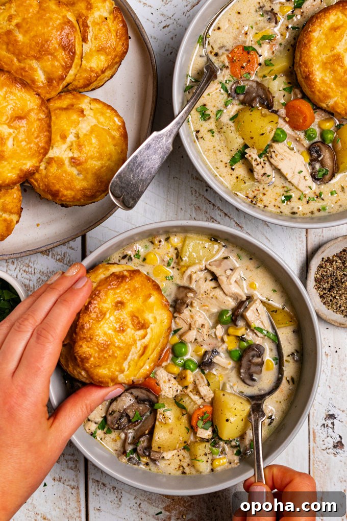 Overhead photo of chicken pot pie soup with biscuits in a gray bowl. The soup is creamy, there are chunks of potato, carrots, mushrooms, chicken, and peas in the soup. A hand is dipping a biscuit into the bowl, on the left side. Another hand is holding a spoon in the soup. Another bowl of soup is in the upper right hand corner, and a plate of biscuits is in the upper left corner. The scene has been photographed on a distressed white wood plank surface. #foodphotography